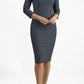 model is wearing seed rowena pencil dress with sleeves and square neckline in slate grey front