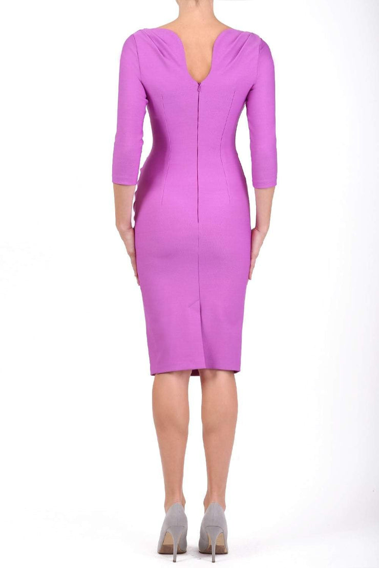 Model wearing the Seed Agatha in pencil dress design in magenta mist back image