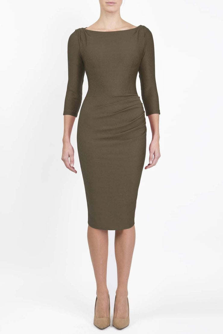 Model wearing the Seed Agatha in pencil dress design in olive green front image