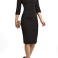 Model wearing the Diva Astra pencil dress with off shoulder design in black front image 