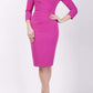 Model wearing the Diva Chelsea Pencil dress with V neckline and three-quarter sleeves in fushia pink front image