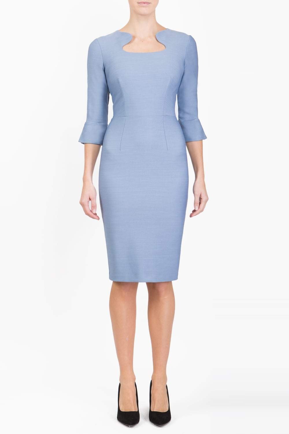 Brunette model is wearing couture stretch seed pencil bell 3/4 sleeve pencil dress by diva catwalk in Steel Blue front image