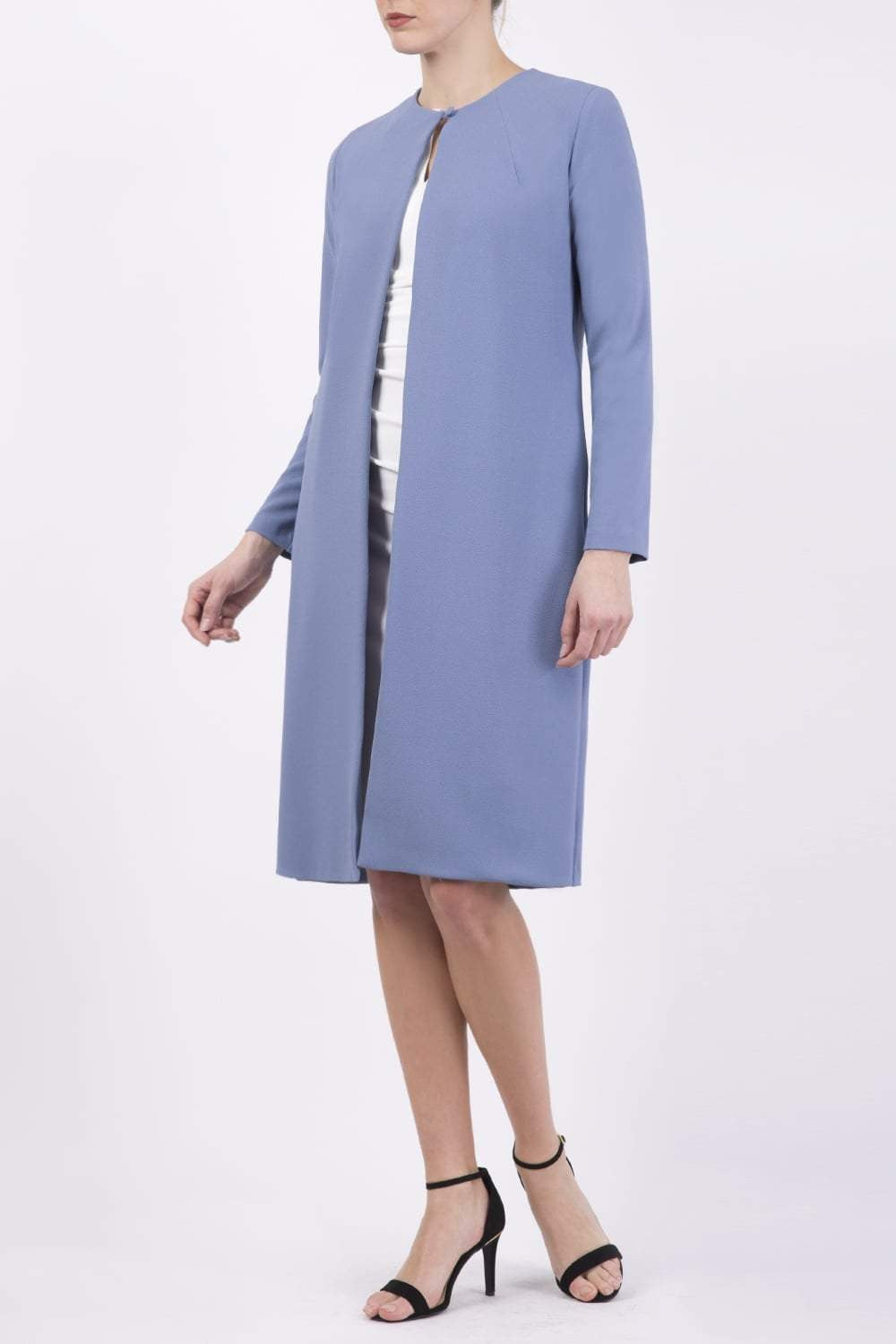 Model wearing the Diva Bliss Coat with round neckline in Stone Blue front image