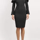 brunette model is wearing diva catwalk liah long sleeve cold-shoulder pencil dress with high neck in black front