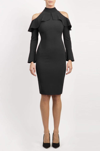 brunette model is wearing diva catwalk liah long sleeve cold-shoulder pencil dress with high neck in black front