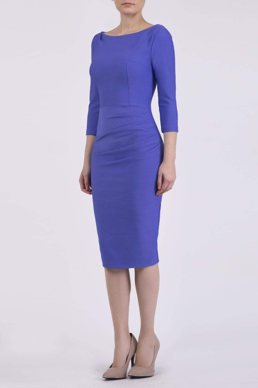 Model wearing the Seed Agatha in pencil dress design in dawn indigo front image