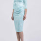 Model wearing the Diva Stamford Satin dress in pencil dress design in turquoise front image
