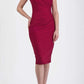 blonde model is wearing diva catwalk vivian sleeveless pencil skirt dress with overlapped bust area and lowered neckline in beet red colour front