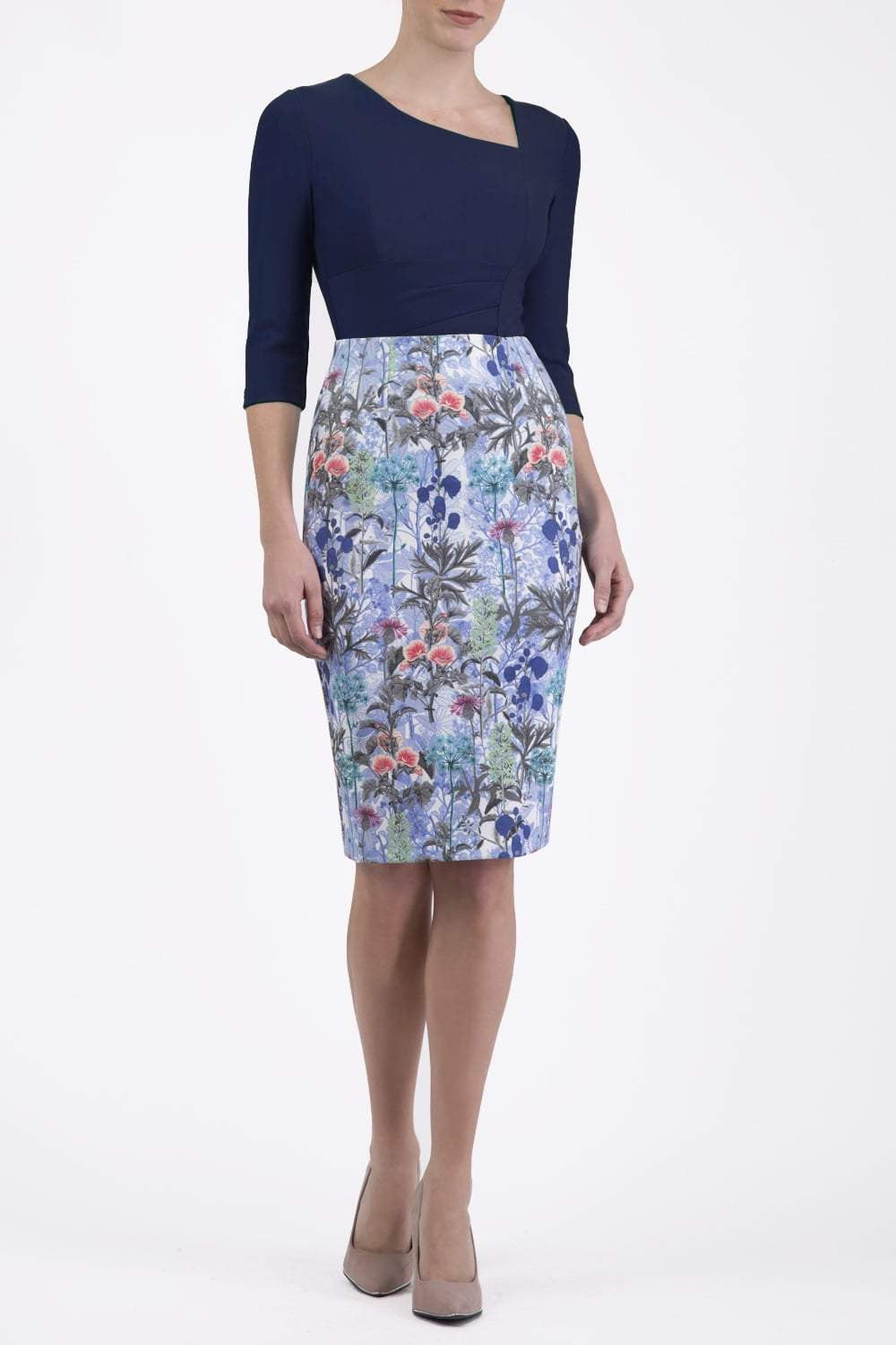 Model wearing the Diva Faith Print skirt in pencil skirt design in water garden print front image