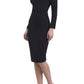 model is wearing diva catwalk cynthia long sleeve pencil dress with low v-neckline in black front