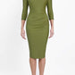Model wearing the Seed Agatha in pencil dress design in citrus green front image