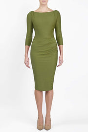 Model wearing the Seed Agatha in pencil dress design in citrus green front image