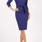 Model wearing the Diva Amatis Pencil dress with round neckline, inserted tie detailing at the front in cobalt blue front image