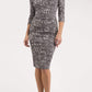 Model wearing the Diva Catherine Jacquard dress with overlapping bodice in circle grey front image