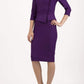 Brunette Model is wearing a three quarter sleeve couture seed pencil dress frill side detail by Diva Catwalk in purple front