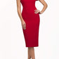 brunette model wearing diva catwalk juilet midaxi pencil sleeveless off shoulder dress with open neck and folded collar in colour scarlet red front