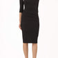 model is wearing diva catwalk pencil dress with contrasting asymmetric satin neckline in black front