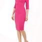 model wearing diva catwalk helston pink pencil dress with sleeves and cut out detail on the neckline front