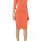model wearing diva catwalk helston peach pencil dress with sleeves and cut out detail on the neckline front