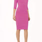 model wearing diva catwalk helston begonia pink pencil skirt  dress with sleeves and cut out detail on the neckline front