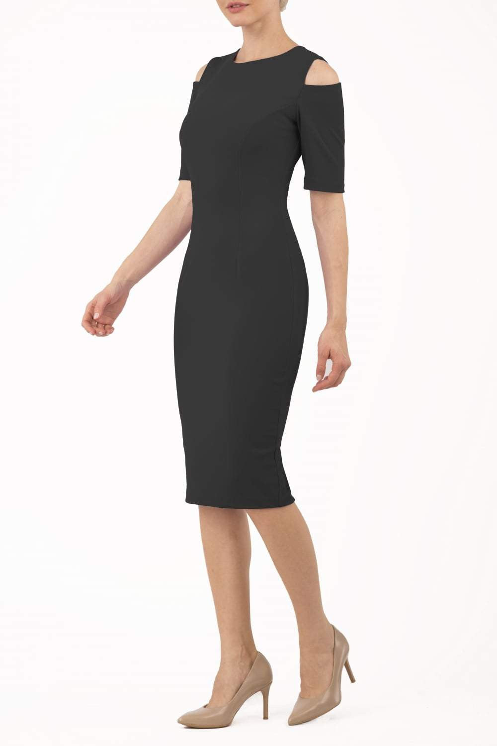 model is wearing diva catwalk solway pencil dress cold shoulder detail and rounded neckline in black front