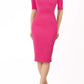model is wearing diva catwalk solway pencil dress cold shoulder detail and rounded neckline in pink front