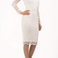 Model wearing the Diva Cherrie Lace Pencil dress with long sleeves and round neck in ivory cream front image