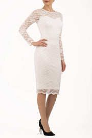 Model wearing the Diva Cherrie Lace Pencil dress with long sleeves and round neck in ivory cream front image