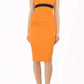 brunette model wearing diva catwalk nadia sleeveless pencil dress in sun orange colour with a contrasting black band and exposed zip at the back with a rounded neckline with a slit  in the middle front