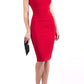 brunette model wearing diva catwalk lydia sleeveless pencil flattering fitted plain dress with split neckline and pleating across the body true red front