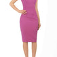 brunette model wearing diva catwalk lydia sleeveless pencil flattering fitted plain dress with split neckline and pleating across the body pink front