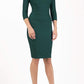 model wearing diva catwalk york pencil-skirt dress with sleeves and rounded folded collar and plearing across the tummy area in forest green colour front