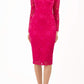 Model wearing the Diva Cherrie Lace Pencil dress with long sleeves and round neck in yarrow pink front image
