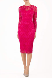 Model wearing the Diva Cherrie Lace Pencil dress with long sleeves and round neck in yarrow pink front image