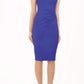 blonde model is wearing diva catwalk vivian sleeveless pencil skirt dress with overlapped bust area and lowered neckline in cobalt blue colour front
