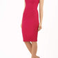 blonde model is wearing diva catwalk vivian sleeveless pencil skirt dress with overlapped bust area and lowered neckline in rose red colour front