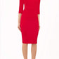 Model wearing the Diva Astra pencil dress with off shoulder design in true red front image 