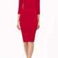 Model wearing the Diva Daphne Venice Stretch Pencil dress with pleat detail across the front in tango red front image