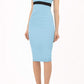 brunette model wearing diva catwalk nadia sleeveless pencil dress in sky blue colour with a contrasting black band and exposed zip at the back with a rounded neckline with a slit  in the middle front
