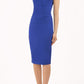 Model wearing Diva catwalk Furlong little blue pencil dress without sleeves with overlapped detail at the front