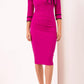 A Model is wearing an off shoulder three quarter sleeve pencil dress in pink by diva catwalk