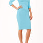 model wearing diva catwalk york pencil-skirt dress with sleeves and rounded folded collar and plearing across the tummy area in sky blue colour front