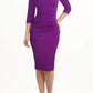 Model wearing the Diva Astra pencil dress with off shoulder design in violet purple front image 