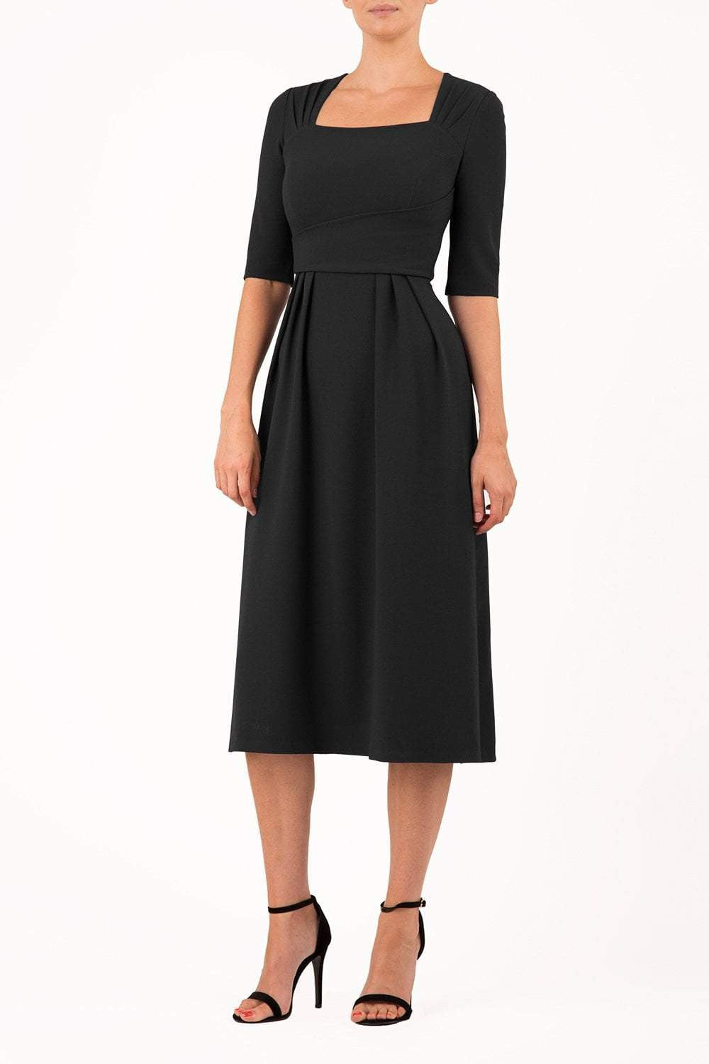 model is wearing diva catwalk mimi maxi sleeved dress with square neckline in black front
