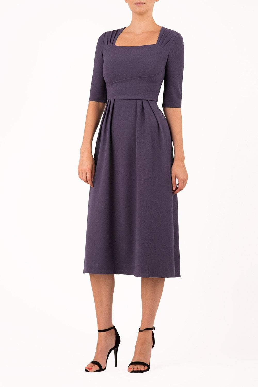 model is wearing diva catwalk mimi maxi sleeved dress with square neckline in dark mauve front