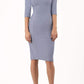 model is wearing diva catwalk seed amalfi plain pencil dress with high v-neck and sleeves in sky grey front