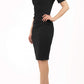 model is wearing diva catwalk camille short sleeve pencil dress with folded rounded neckline in black front