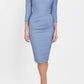 Model wearing the Seed Agatha in pencil dress design in steel blue front image
