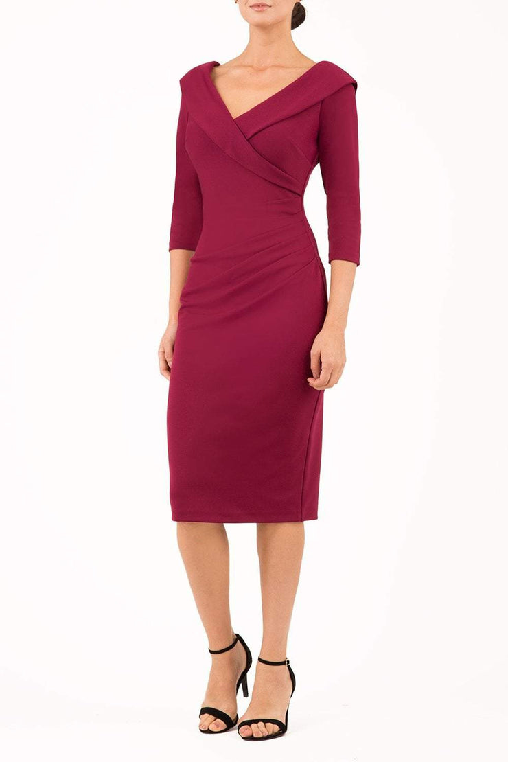 model is wearing diva catwalk eliza sleeved pencil dress with collared v-neck in blissful burgundy front
