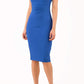 blonde model is wearing diva catwalk mariposa pencil dress with Detailed Bardot neckline with fold-over detail and pleated at waist area in cobalt blue front